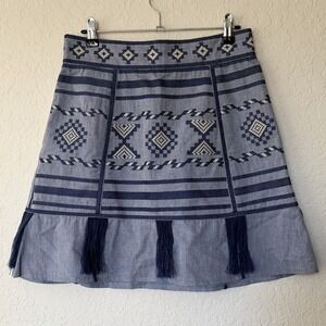 Sarah J. Curtis Embroidered Skirt Medium Handmade 100% Linen Blue Boho Preppy